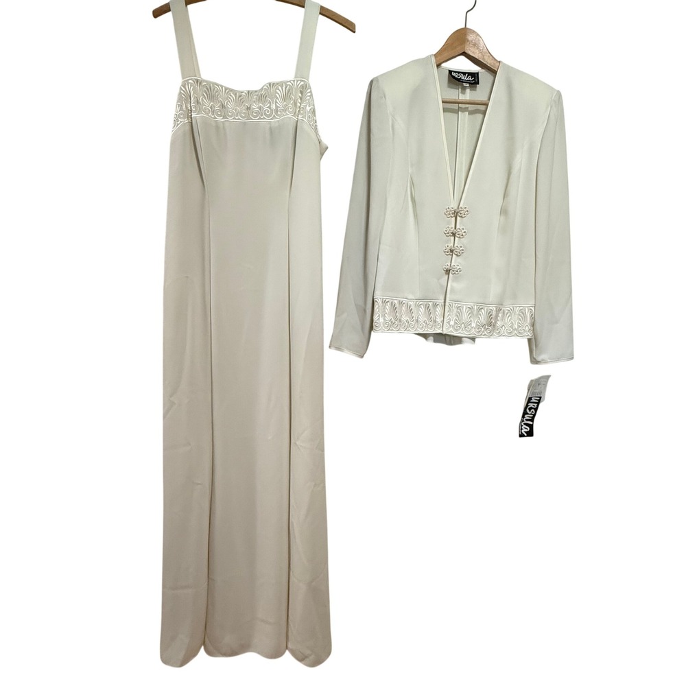 Vintage 80s New Ursula of Switzerland Ivory Dress Jacket‎ 2 Piece Suit Women 12